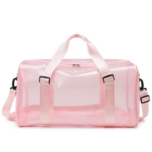 Pink transparent PVC mesh travel duffel bag waterproof large capacity outdoor camping gym bag