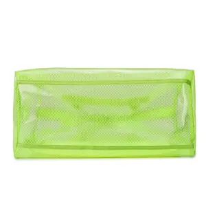 Neon green PVC mesh travel cosmetic bag, large capacity transparent storage pouch view.