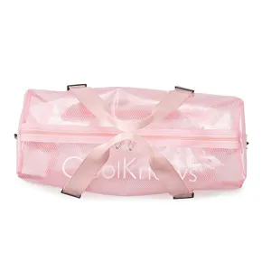Pink transparent PVC mesh travel duffel bag with zipper and handles for outdoor sports storage.
