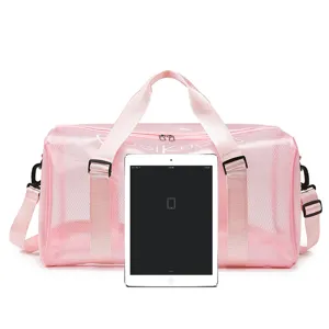 Pink transparent PVC mesh travel duffel bag waterproof gym bag with a large capacity