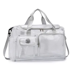 Clear PVC mesh travel duffel bag with grey straps and pockets for beach and gym sports.