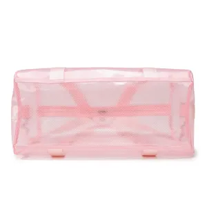 Pink PVC mesh travel duffel bag, waterproof outdoor camping bag with large storage capacity.