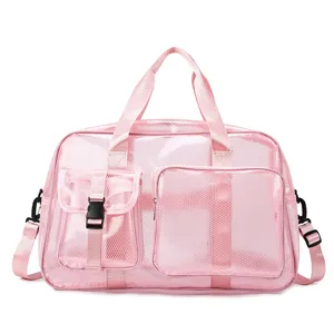 Borsa da viaggio trasparente in PVC rosa con tasche frontali e tracolla per spiaggia e palestra.