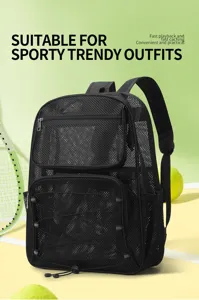 Black mesh backpack for sports, breathable hollow out design, large capacity for beach gym.