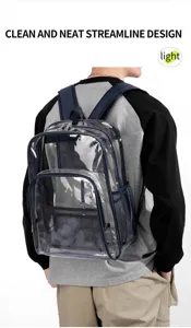 Detailansicht des klaren PVC-Rucksacks mit Netztaschen und dunkelblauer Einfassung.