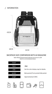 Transparenter PVC Rucksack für Studenten, große Kapazität lässiger Tagesrucksack mit Taschen.