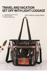 Clear PVC beach tote bag with black straps large capacity waterproof travel bag for vacation