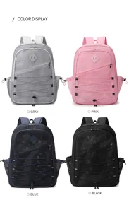 Vista dettagliata dello zaino in rete traspirante nei colori grigio, rosa, blu, nero.