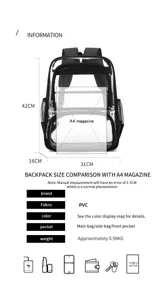 Transparenter PVC Rucksack Detailansicht mit Maßen, grossem Fassungsvermögen und Fächern.