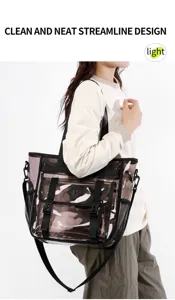 Clear PVC tote bag detail showing transparent camouflage pattern, black webbing straps and buckle.