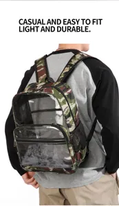 Detailansicht des transparenten Camo-Schulrucksacks am Rücken, zeigt klares PVC-Design.