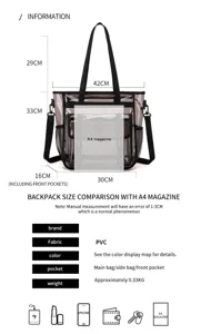 Clear PVC tote bag dimension and specification detail showing large capacity and waterproof design.