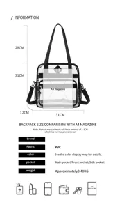 Clear PVC backpack detail showing size dimensions, A4 magazine capacity and pocket specs.