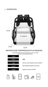 Transparenter PVC-Rucksack Detailansicht mit Maßen, Kapazität und Taschenaufteilung.