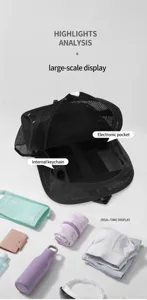 Detailed view of large mesh backpack interior featuring electronic pocket and keychain.
