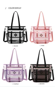 Clear PVC tote bag color display showing black pink purple and brown options detail.