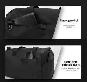 Detaillierte Ansicht der schwarzen Reisetasche mit praktischen Mehrfachtaschen Design.