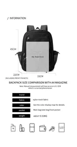 Graphique détaillé des dimensions du sac à dos en maille noire avec poches multiples.