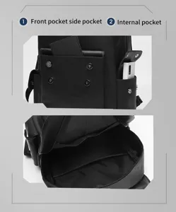 Zaino vintage in pelle PU nera con tasche multiple anteriori e spazio di archiviazione.