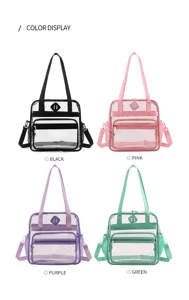 Clear PVC travel tote bag with multi pockets and shoulder strap for sports events and concerts.