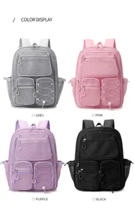 Sac à dos creux en maille multi-poches en variantes de couleur gris, rose, violet et noir.