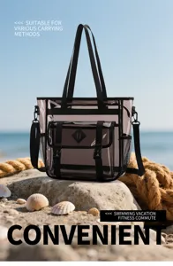Clear PVC beach tote bag with black straps, waterproof travel bag for summer vacation and commute.