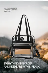 Clear PVC tote bag with multiple pockets, perfect for travel, concerts, and daily commuting.