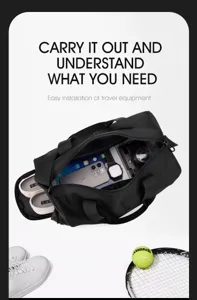 Schwarze Reisetasche mit Schuhfach und Nass Trocken Trennung für Fitness und Sport.