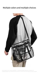 Clear PVC shoulder bag detail showing waterproof material, black webbing straps, and clear design.
