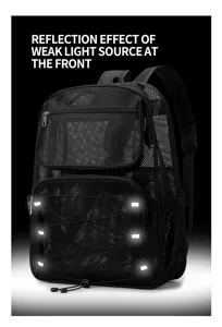 Close up view of the black mesh backpack featuring breathable hollow design and front reflective strips.