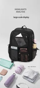 Black mesh backpack with multiple pockets, large capacity casual daypack for travel.
