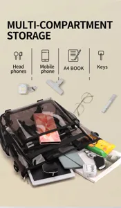 Detailed view of clear PVC multi-compartment beach bag, ideal for travel and concert storage.