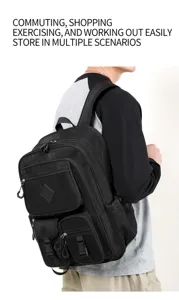 Detailed view of black mesh backpack with multi-pockets and breathable beach design.