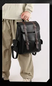 Zaino vintage in pelle PU da uomo borsa da viaggio casual di grande capacita nero
