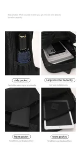 Schwarzer Mesh-Rucksack mit großer Kapazität, praktischen Seitentaschen und Frontfächern.