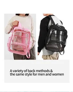 Transparenter Rucksack Detail mit verschiedenen Farboptionen und mehreren Taschen.