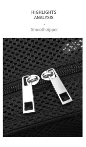 Detailed view of the smooth metal dual zippers and breathable black mesh fabric of the backpack.