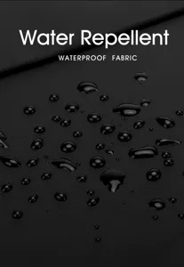 Nahaufnahme des schwarzen wasserdichten Gewebes mit Wassertropfen für hervorragenden Schutz.