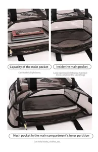 Clear PVC beach travel bag detail showing large capacity, zipper main pocket and mesh partition.