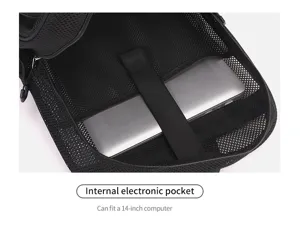 Detailansicht der internen Elektroniktasche, die sicher Platz für einen 14-Zoll-Laptop bietet.