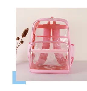 Detailansicht des klaren rosa PVC Schulrucksacks, großes transparentes Schülerrucksack.