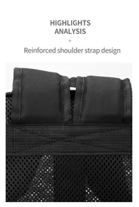 Detailed view of the reinforced black mesh backpack shoulder strap for durability.