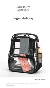 Transparenter Rucksack Detailansicht mit PVC Material, schwarzem Rand und Staufächern.