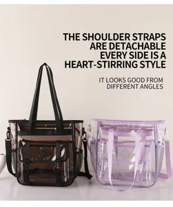 Clear PVC tote bag with mesh pockets and adjustable straps for beach travel and daily use