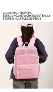 Rosa Mesh Rucksack Detailansicht, lässiger atmungsaktiver Schulranzen mit grossem Volumen.