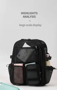 Vista dettagliata dello zaino in rete nera con tasche multiple e grande capacità traspirante.