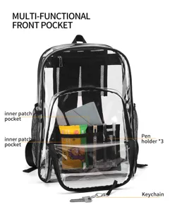 Transparentes PVC-Rucksack Detail mit Fronttasche, Innentaschen und Stifthaltern.