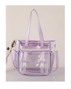 Clear PVC beach tote bag with mesh pockets and purple straps for travel vacation outdoor.