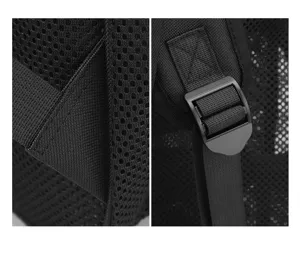 Black mesh backpack detail showing breathable fabric, reinforced straps, adjustable plastic buckle.