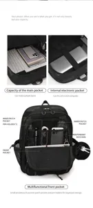 Sac à dos en résille noire avec grande capacité, poches multiples et compartiment pour PC.